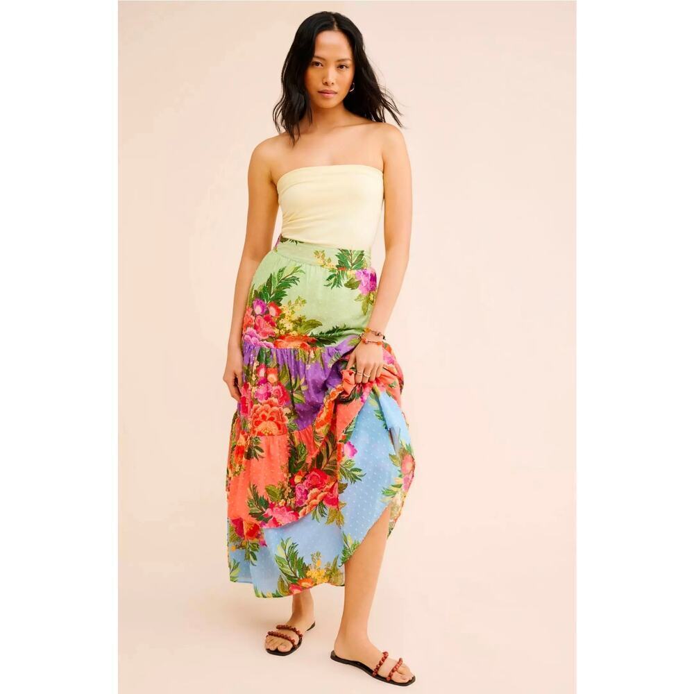 Farm Rio for Anthropologie Floral Tiered Skirt 100% cotton. Retails $228 - Picture 1 of 7